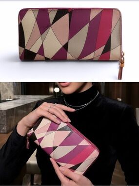 Emilio Pucci Leather Continental Long Zip Wallet Pink Purple Abstract